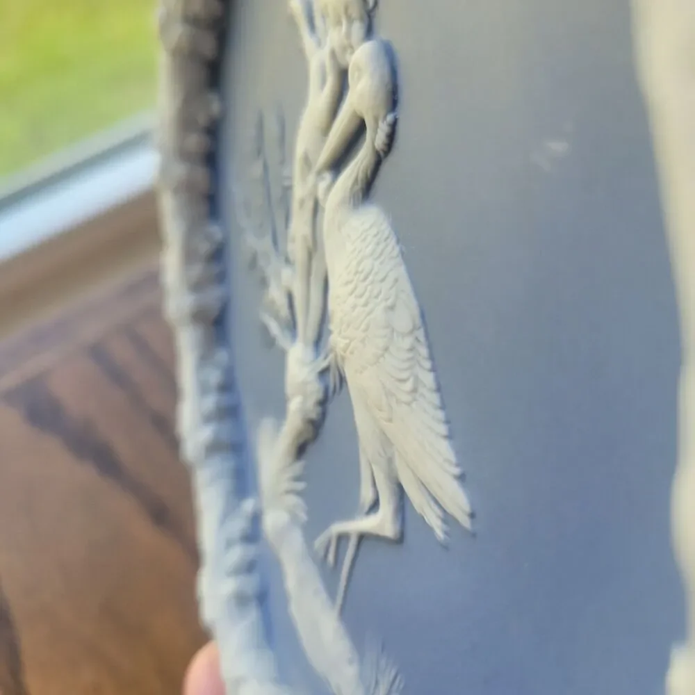 Schafer & Vater Blue & White Jasperware Plaque Featuring a Cherub & Stork Lily